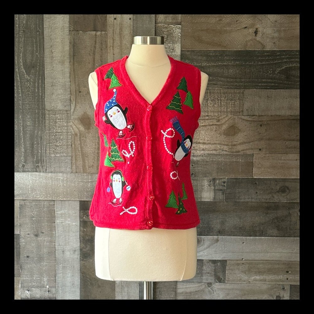Nouveaux vintage Y2K sweater vest medium petite embroidered penguins Christmas